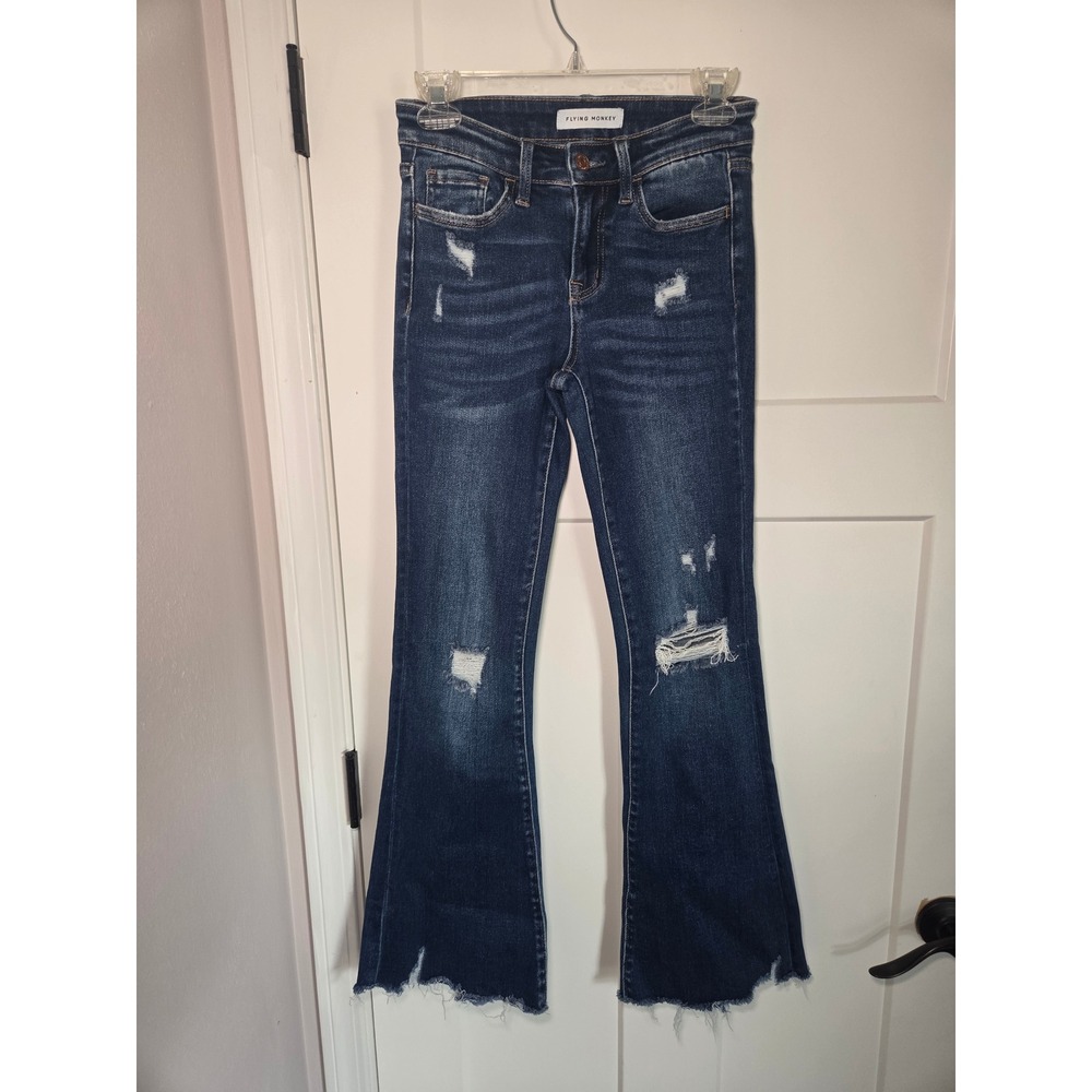 Flying Monkey Distressed Flare Jeans Dark Wash Raw Hem Size 24 F4155D